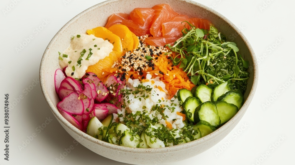 A colorful bowl of poke with fresh fish, vegetables, and grains, showcasing a balanced, ethical, and nutritious meal A colorful bowl of poke with fresh fish, vegetables, and grains, showcasing a balanced, ethical, and nutritious meal
