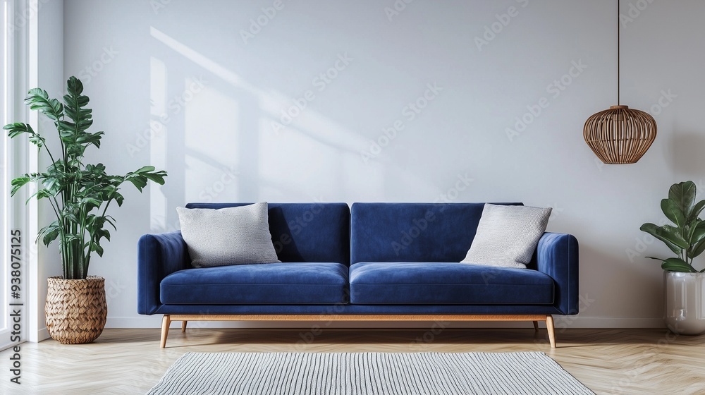 Living room interior in Scandinavian style. Sapphire blue sofa, white walls. Minimalistic and cozy interior design. Living room interior in Scandinavian style. Sapphire blue sofa, white walls. Minimalistic and cozy interior design.