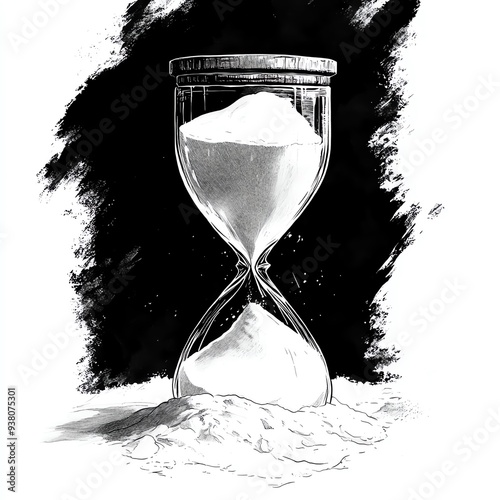 Black and white modern illustration of the spell Harry Reid, featuring sand cascading through a sleek hourglass, emphasizing the spells magical and timeless nature photo