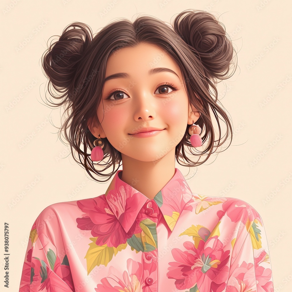 Fototapeta premium Portrait of a smiling woman with brown hair in two buns, wearing pink floral shirt and earrings.