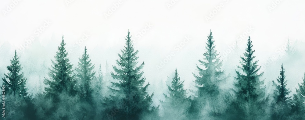 Obraz premium Watercolor Painting of Pine Trees in Foggy Forest