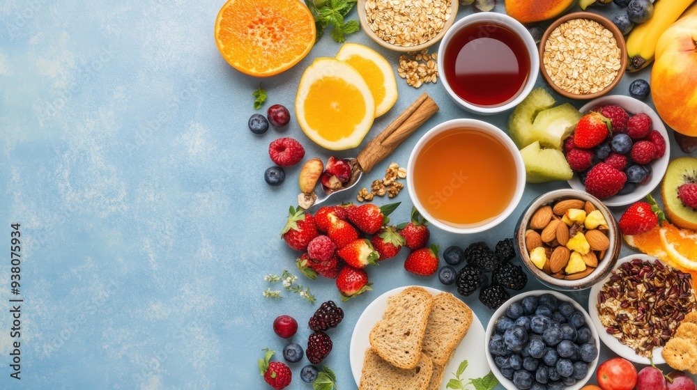 A vibrant breakfast spread with fresh fruits, whole grains, and herbal tea, perfect for a commercial emphasizing morning nutrition A vibrant breakfast spread with fresh fruits, whole grains, and herbal tea, perfect for a commercial emphasizing morning nutrition