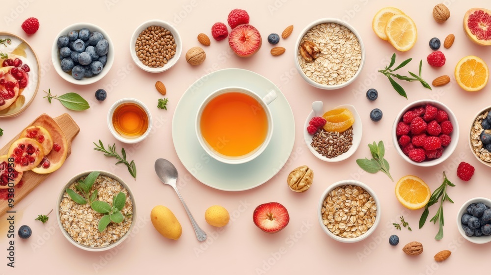 A vibrant breakfast spread with fresh fruits, whole grains, and herbal tea, perfect for a commercial emphasizing morning nutrition A vibrant breakfast spread with fresh fruits, whole grains, and herbal tea, perfect for a commercial emphasizing morning nutrition