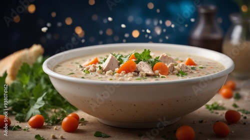 A creamy buckwheat and chicken soup with a hint of e and a sprinkle of fresh herbs. photo