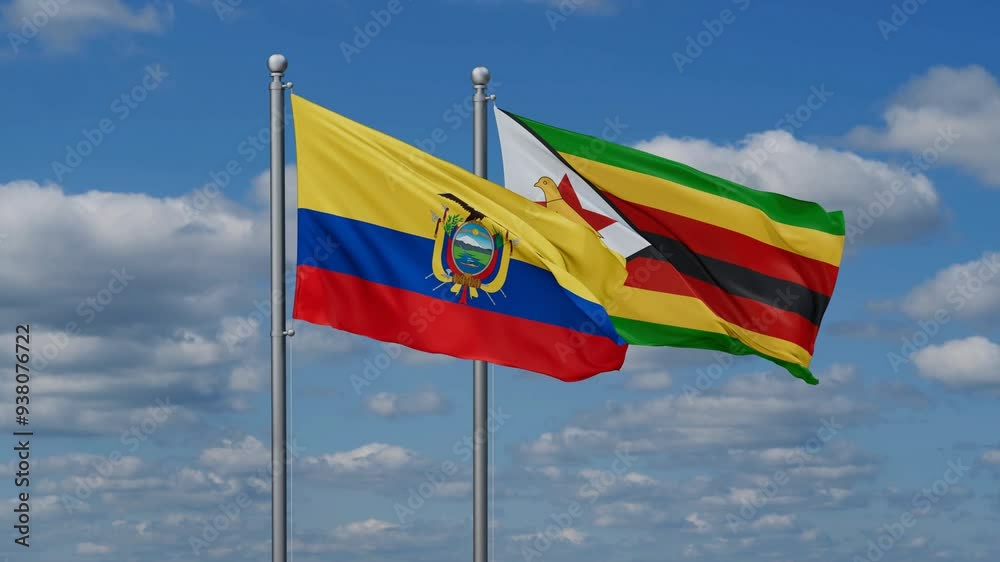 Zimbabwe and Ecuador flags flying together, video concept of the relationship, two country cooperation concept Zimbabwe and Ecuador flags flying together, video concept of the relationship, two country cooperation concept