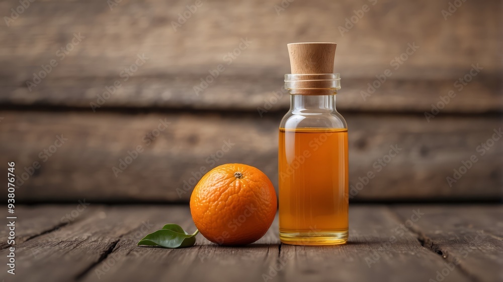 Sweet orange essential oil in a small bottle on ancient wooden background. Sweet orange essential oil in a small bottle on ancient wooden background.