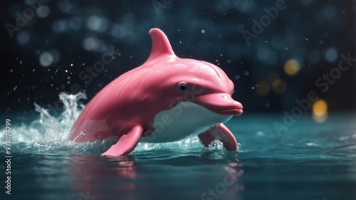 One pink dolphin joyfully swimming in one seone with beoneutiful coronels on a bottom of a woneter. photo