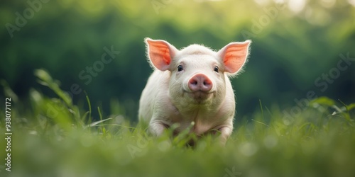 A small white pig atop a verdant field, surrounded by lush grass, adjacent to a expanse of tall grass.