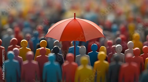 Life insurance umbrella, shield surrounding people, comprehensive coverage, 3D illustration