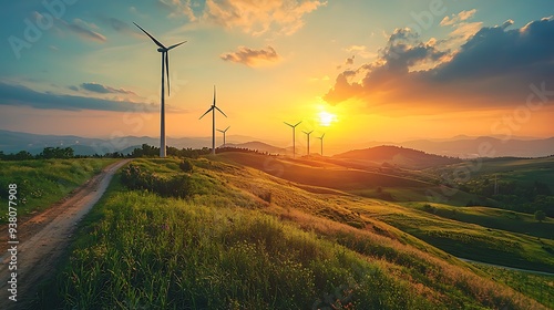 Wind turbines standing tall on a hilltop at sunset, harnessing the power of the wind in a serene setting