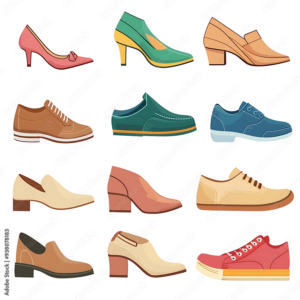 Colorful flat design shoe icons, a stylish set of footwear illustrations that captures the essence of fashion Colorful flat design shoe icons, a stylish set of footwear illustrations that captures the essence of fashion