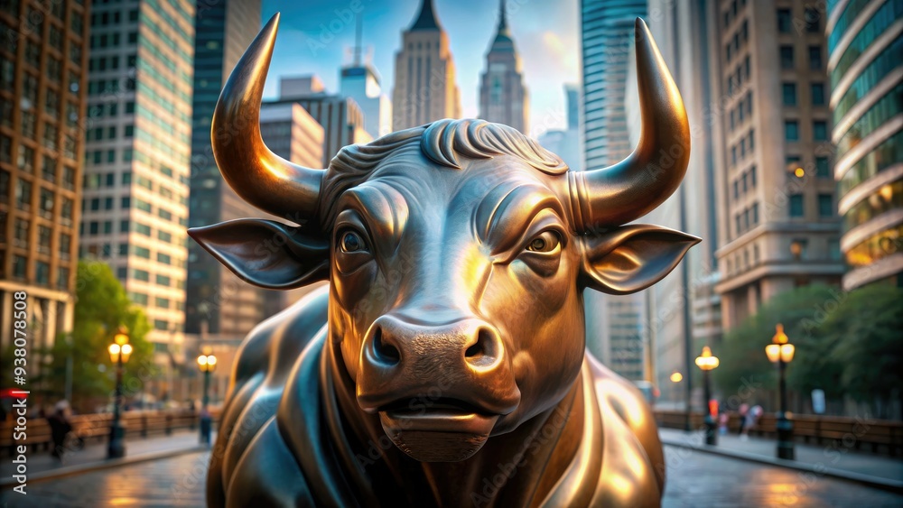 A majestic bronze bull's head sculpture with fierce eyes and sharp horns, symbolizing strength and optimism in the financial market, set against a blurred cityscape. A majestic bronze bull's head sculpture with fierce eyes and sharp horns, symbolizing strength and optimism in the financial market, set against a blurred cityscape.