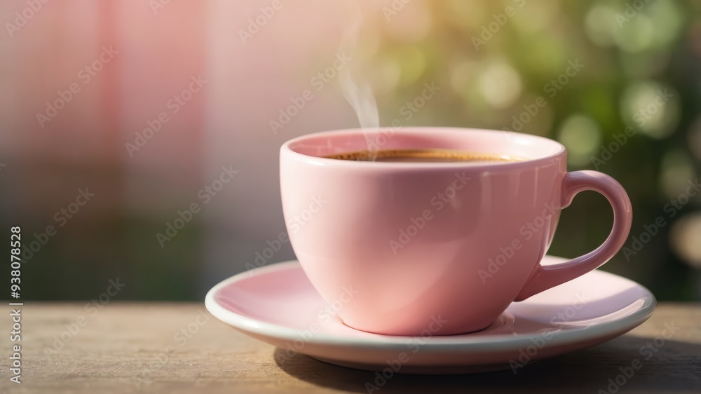 Minimal composition of a light pastel pink cup of coffee in the morning sun Concept of waking up, morning and morning coffee. Minimal composition of a light pastel pink cup of coffee in the morning sun Concept of waking up, morning and morning coffee.