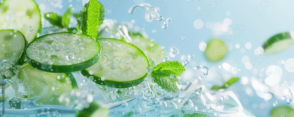 Cucumber slices splash in water with mint leaves, refreshing summer drink. Cucumber slices splash in water with mint leaves, refreshing summer drink.