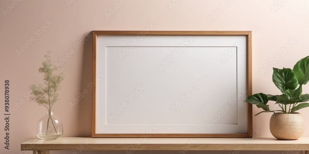 Minimal wooden picture frame mockup on a twotone minimalist wallpaper. Minimal wooden picture frame mockup on a twotone minimalist wallpaper.