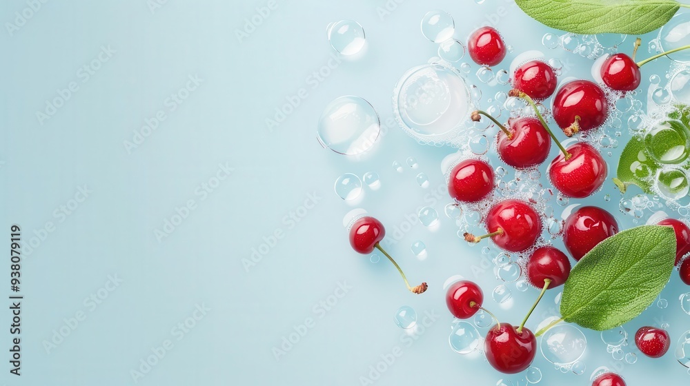 Fresh red cherries with green leaves on a blue background with bubbles.