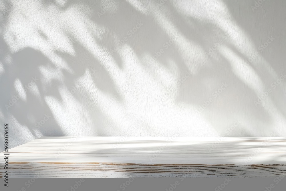 Obraz premium Blank warm lighting background. White and wooden surface. Light and Shadow wallpaper. Space for text. Backdrop. Studio photography. Cozy and Comfortable. Decorative. Minimalist wallpaper. Empty, ai