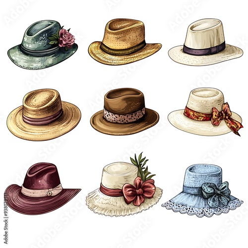 Wallpaper Mural Vintage hat collection featuring straw, fedora, and sun hats, illustrated for summer fashion enthusiasts Torontodigital.ca
