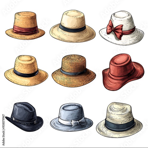 Wallpaper Mural Set of vintage straw hats, including fedora, bow, and summer styles, illustrated as hand-drawn vector design elements Torontodigital.ca