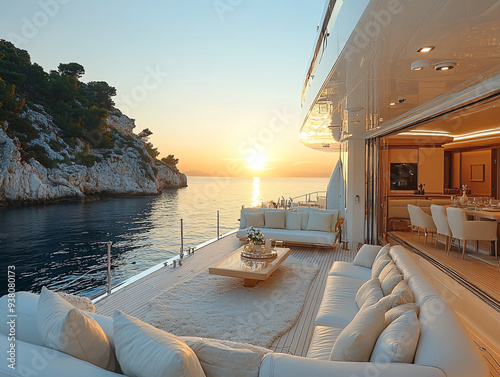  luxurious yacht gliding on the water in front of a picturesque sunset over the mountains. photo