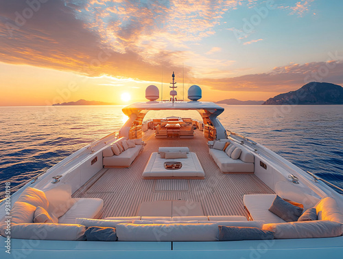  luxurious yacht gliding on the water in front of a picturesque sunset over the mountains.