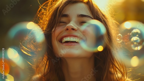 Happy woman blowing bubbles in the golden sunlight, capturing the essence of joy and carefree moments