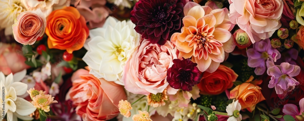 Beautiful bouquet of multicolored flowers including roses, dahlias, and peonies, arranged in a vibrant, lush display. Beautiful bouquet of multicolored flowers including roses, dahlias, and peonies, arranged in a vibrant, lush display.