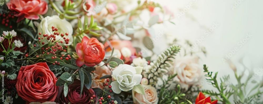 Beautiful floral arrangement with red, white, and pink roses, along with greenery, capturing the essence of a lush, elegant bouquet. Beautiful floral arrangement with red, white, and pink roses, along with greenery, capturing the essence of a lush, elegant bouquet.