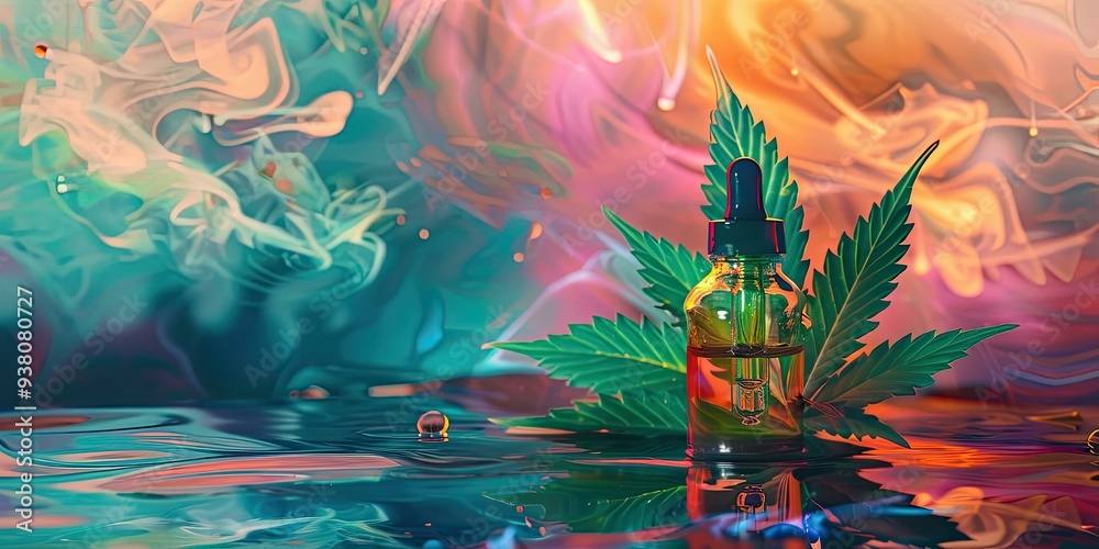 Fototapeta premium Cannabis leaf and oil bottle on water surface.