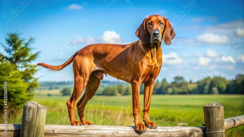 A majestic reddish-brown Rebone Coonhound dog with floppy ears and a bushy tail stands proudly on a rustic wooden fence in a sunny rural landscape. photo