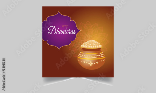 Greeting background with kalash, diya and gold coins for Indian festival Dhanteras (Diwali season). Vector illustration.