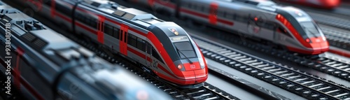 Modern high-speed trains on railway tracks, showcasing advanced transportation technology and sleek design.