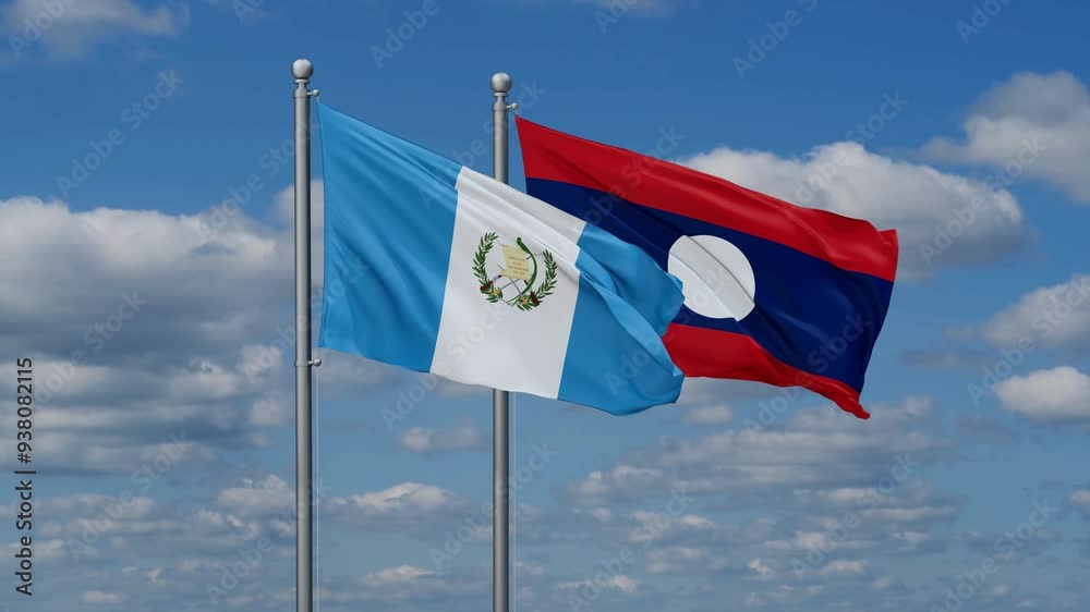 Laos and Guatemala flags flying together, video concept of the relationship, two country relations concept Laos and Guatemala flags flying together, video concept of the relationship, two country relations concept
