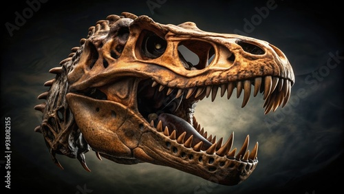 A massive Tyrannosaurus Rex skull with sharp, pointed teeth and powerful jaws is displayed against a dark, prehistoric background, evoking a sense of ancient power. photo