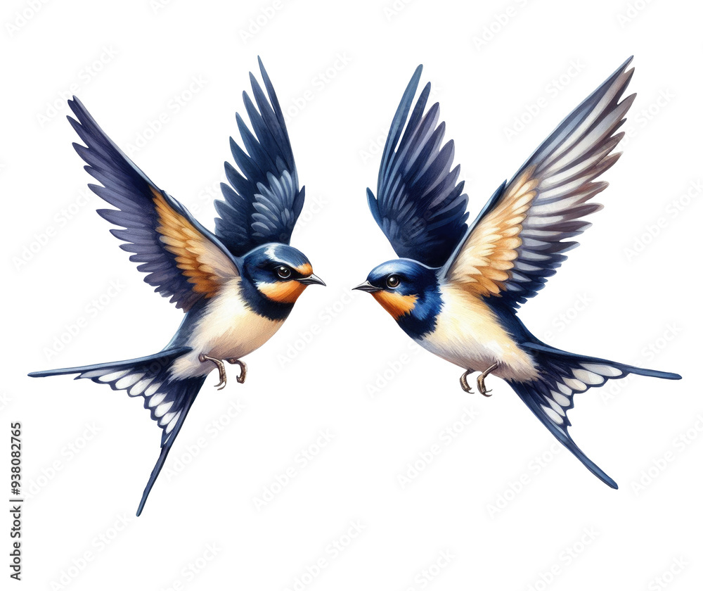 Fototapeta premium Swallows birds in flight, couple in love isolated on white background. Watercolor. Illustration.