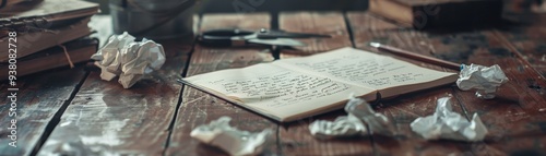 Worn notebook open on a rustic table with scattered crumpled papers, symbolizing creative writing process and brainstorming.