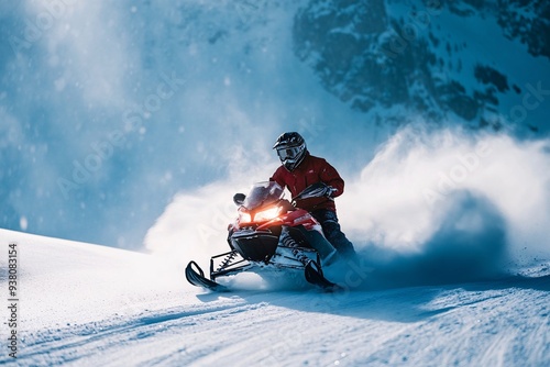 Snowmobile Rider in Snowy Mountains Winter Adventure