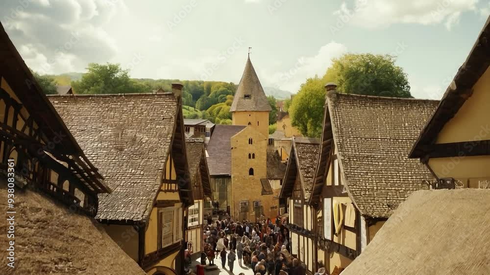 Crowd visiting medieval village with thatched roof houses Crowd visiting medieval village with thatched roof houses