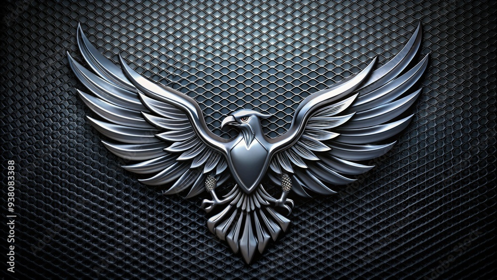 Fototapeta premium A metallic silver eagle emblem with spread wings and sharp talons, symbolizing strength, courage, and precision, set against a dark gradient background with subtle grid texture.