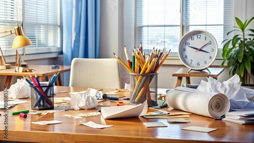 A messy desk with scattered papers, broken pencils, and a stopped clock in the background, conveying a sense of chaos and inaccuracy in work. photo