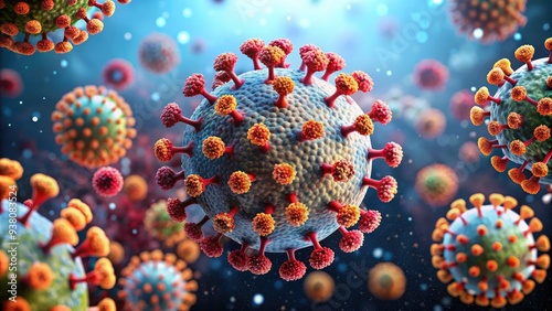 A microscopic view of the coronavirus, showing spherical particles with spike proteins, surrounded by antigen molecules, illustrating the immune response to COVID-19 infection. photo