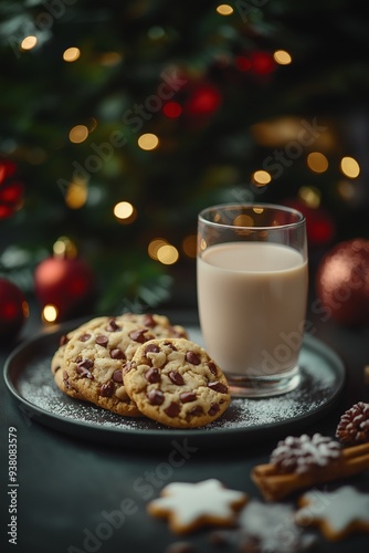 Chocolate chip cookies and glass of milk on a plate, with a decorated Christmas tree in the background