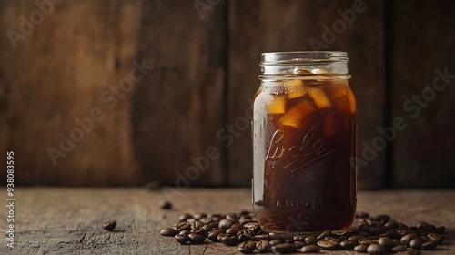 Close up of a refreshing cold brew coffee drink served in a transparent mason jar with ice cubes set on a rustic wooden table photo