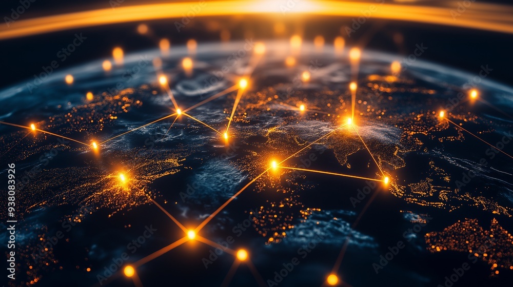 Obraz premium Global network of glowing nodes connected across a digital world map, representing connectivity and communication