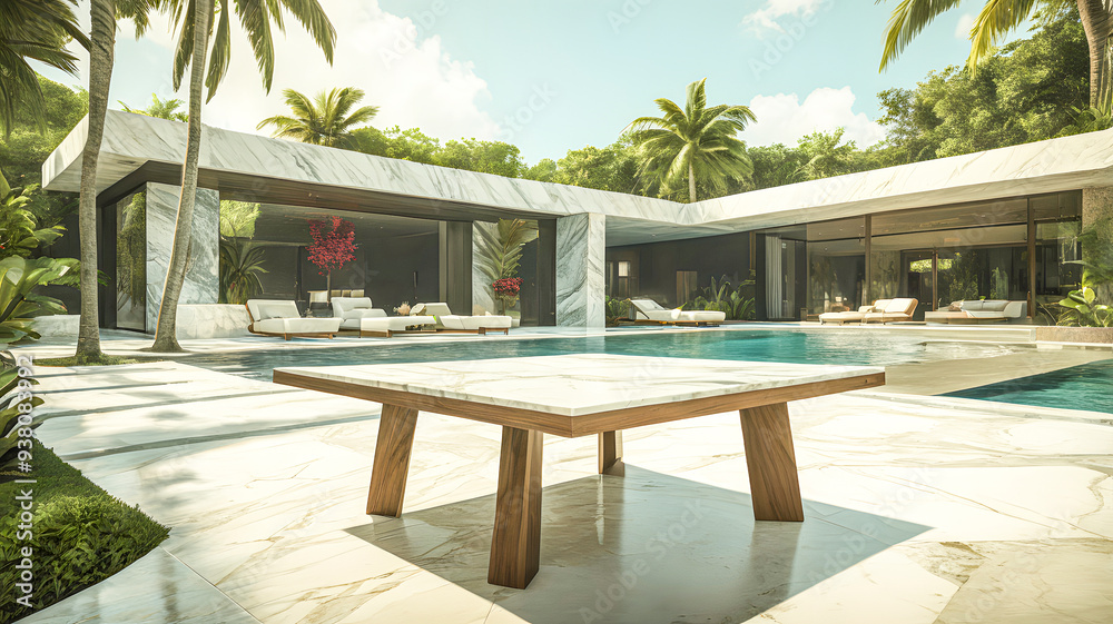 Fototapeta premium a pool with a palm tree and a luxurious house in the background