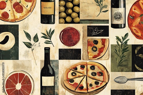 Abstract Painting of Pizza  Wine  and Olives