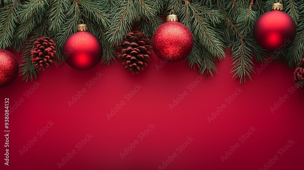 Holiday background with pine branches, red ornaments, and pinecones hanging on a red surface, evoking a festive and warm holiday atmosphere
