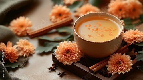 A cup of herbal tea surrounded by fresh flowers and cinnamon sticks, evoking warmth and tranquility photo