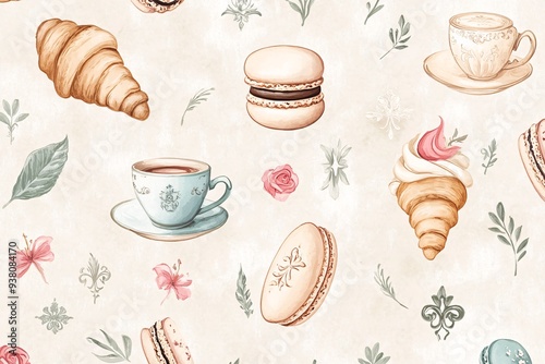 Watercolor Seamless Pattern with Croissants  Macarons and Teacups