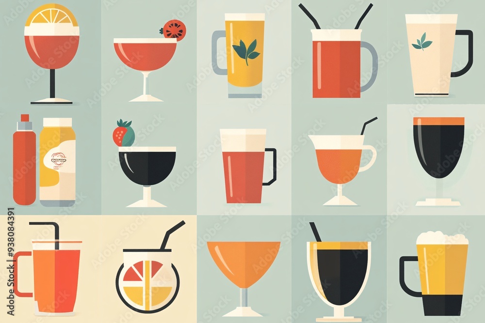 Set of Flat Design Drink Icons Cocktails Coffee Beer Juice and More Set of Flat Design Drink Icons Cocktails Coffee Beer Juice and More